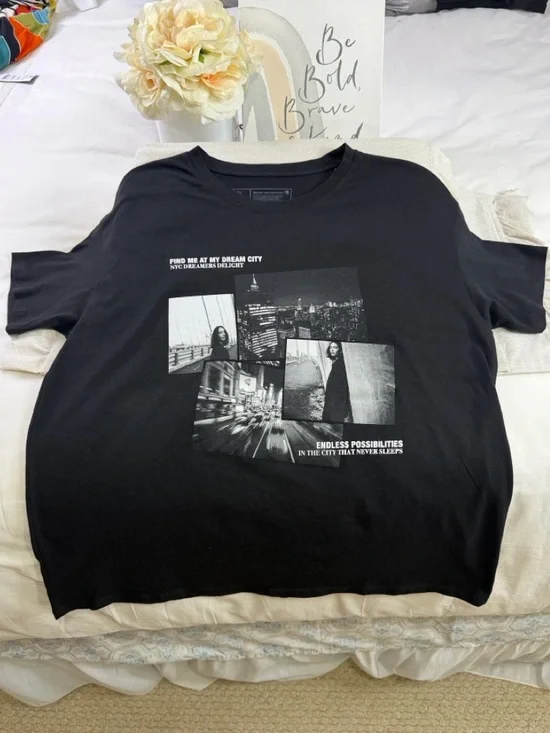 NYC Dreams Delights Graphic Y2K Luxury Black Tee - Picture 5 of 16
